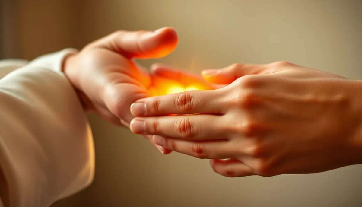 Mains en contact avec une lueur douce, symbolisant la clairsentience et l'empathie