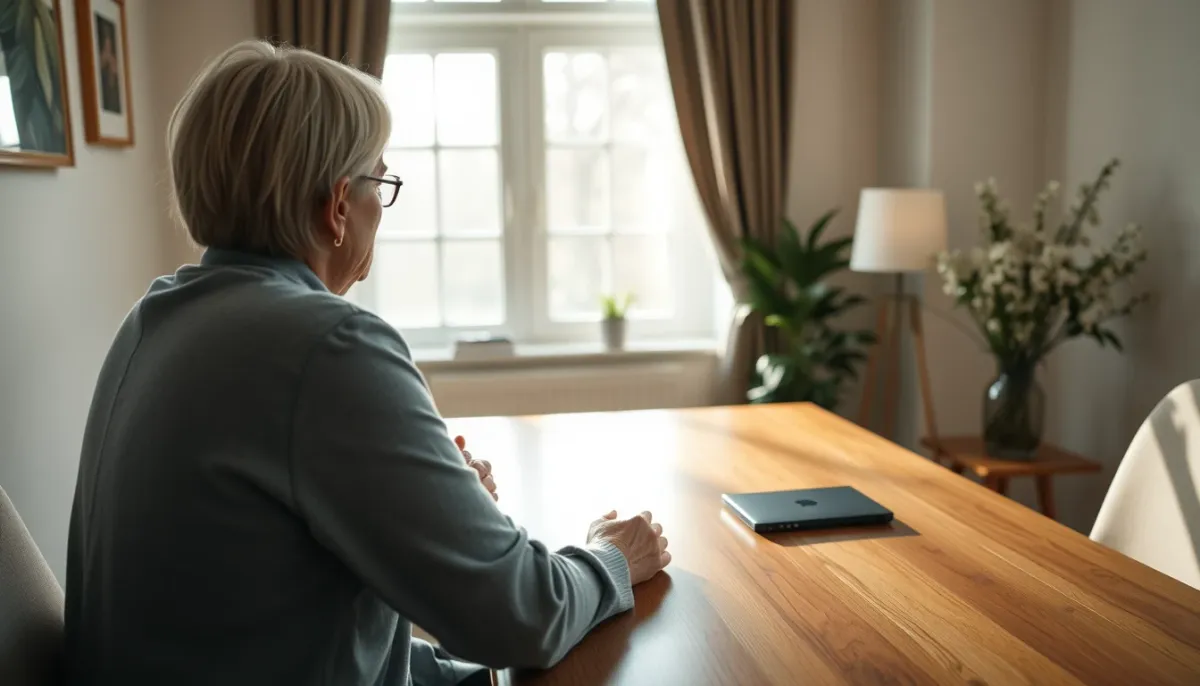 Médium en consultation, assis à une table dans une ambiance chaleureuse et apaisante