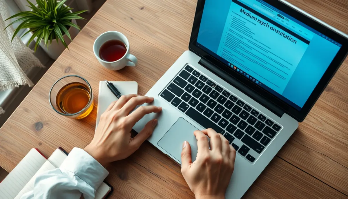 Vue de dessus d'un bureau avec ordinateur portable, tasse de thé et carnet, pour rechercher un médium ou une voyante