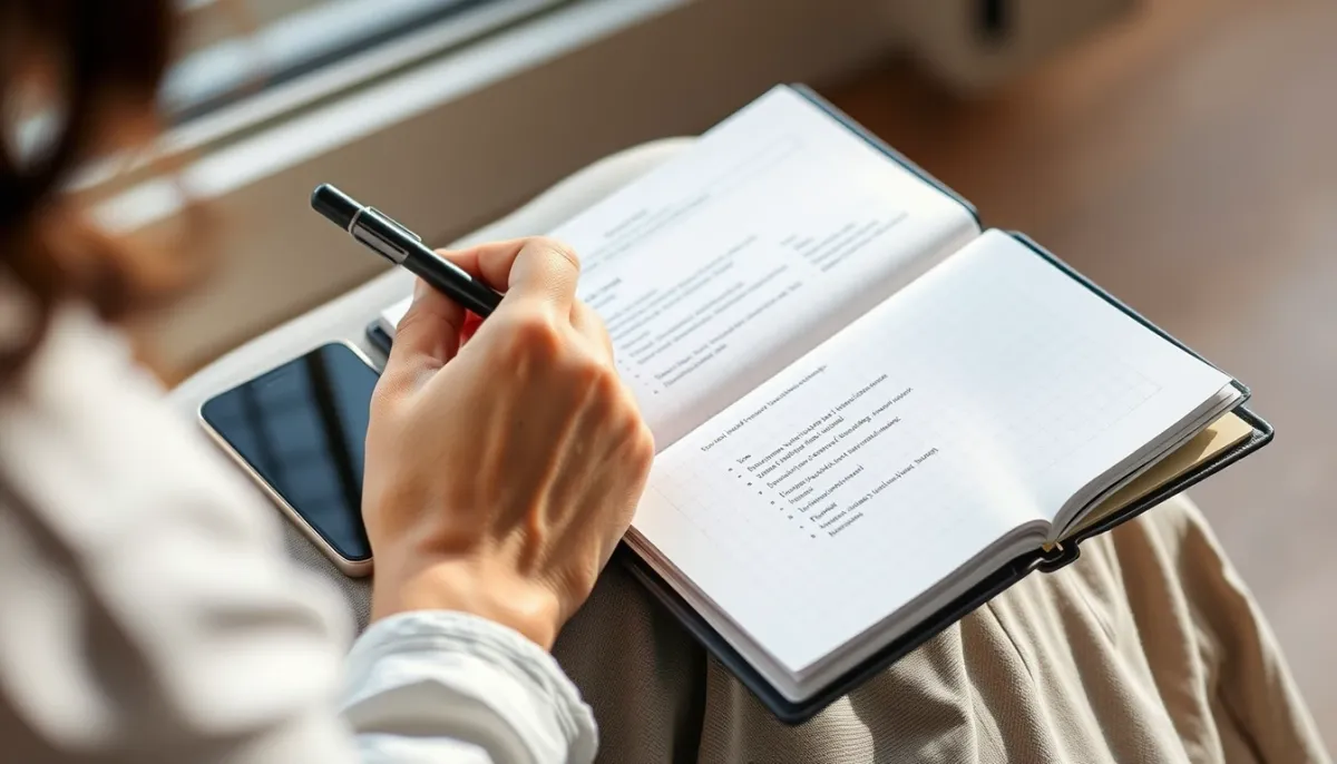 Personne écrivant des questions dans un carnet avant une séance de médiumnité