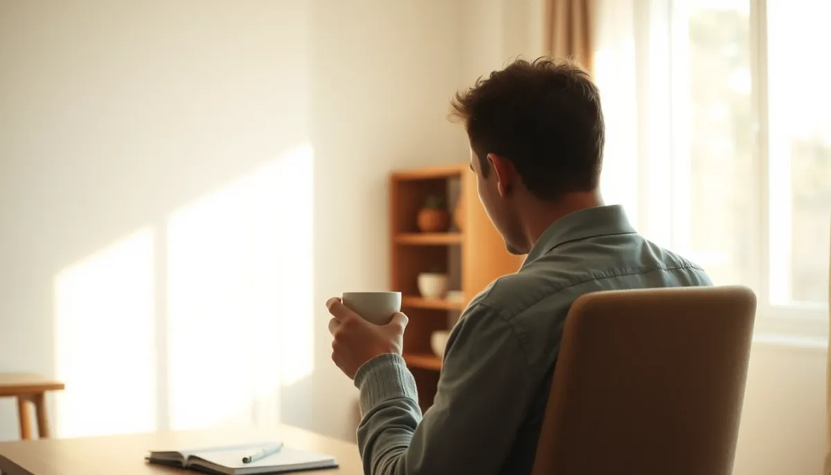 Personne en réflexion dans un salon lumineux, symbolisant l'attente après un deuil