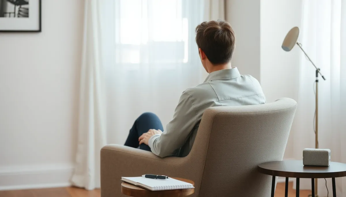 Personne assise dans un fauteuil, se préparant à une consultation médiumnique dans le calme