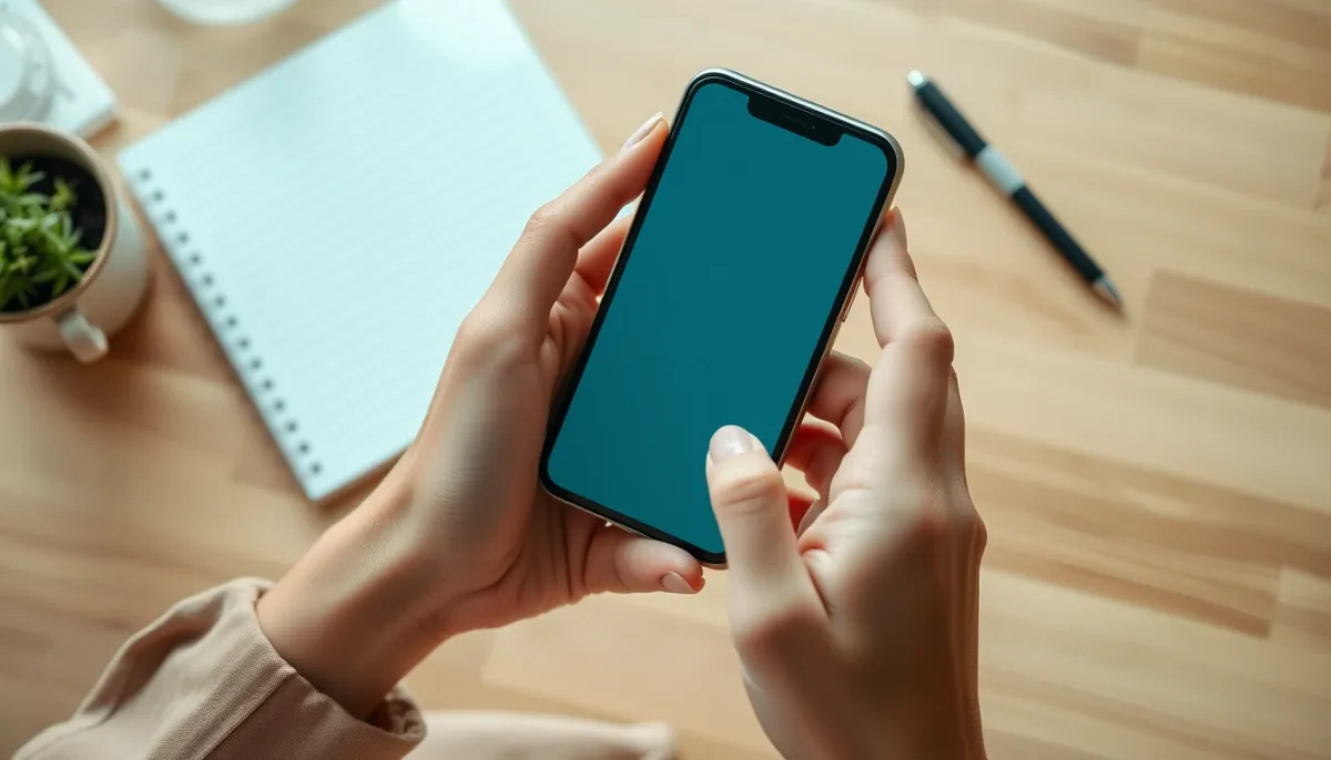 Mains tenant un smartphone lors d'un appel, illustrant une consultation de médium par téléphone