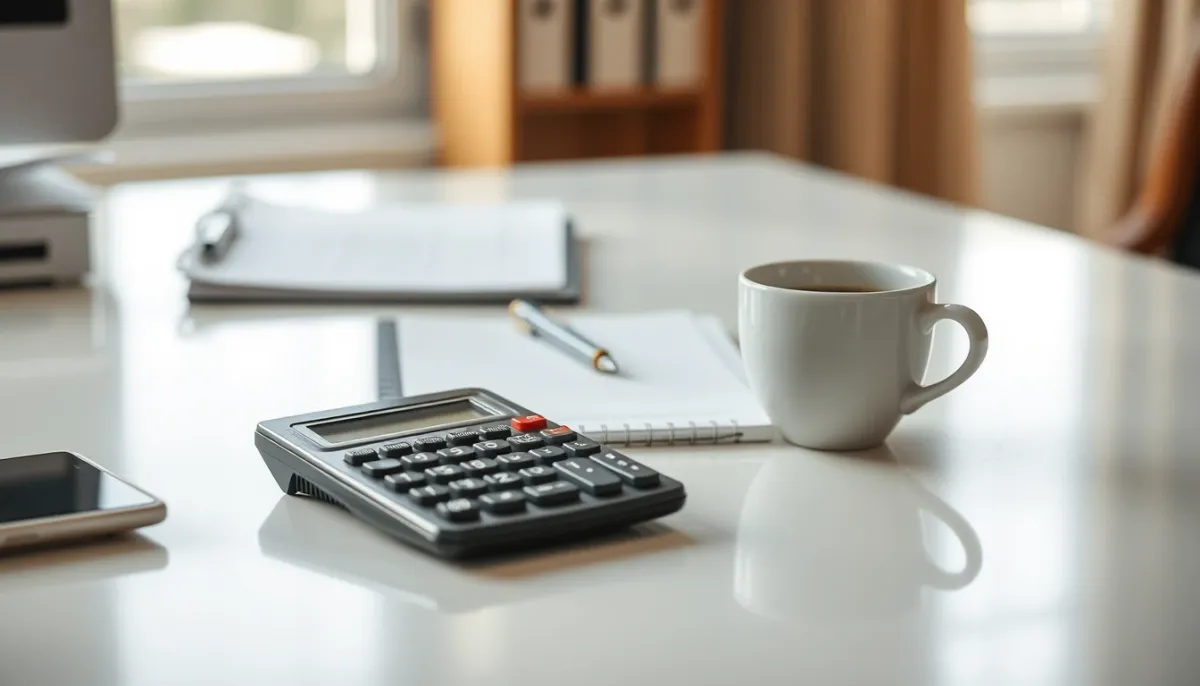 Calculatrice, carnet et stylo sur un bureau, symbolisant la transparence tarifaire et la gestion du budget