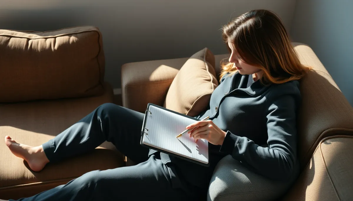 Personne assise sur un canapé avec un carnet et un stylo, se préparant à une consultation par téléphone