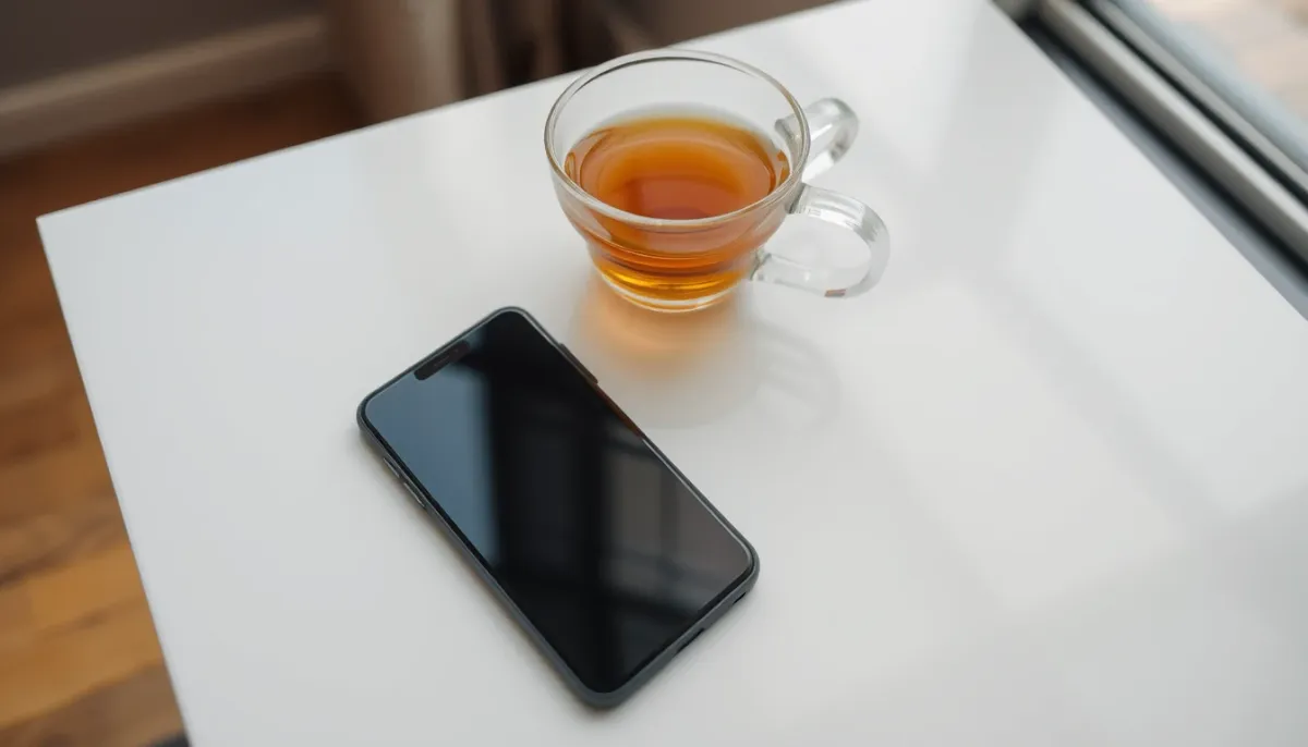 Smartphone posé sur une table à côté d'une tasse de thé, évoquant une pause et la réflexion sur l'opportunité d'une consultation