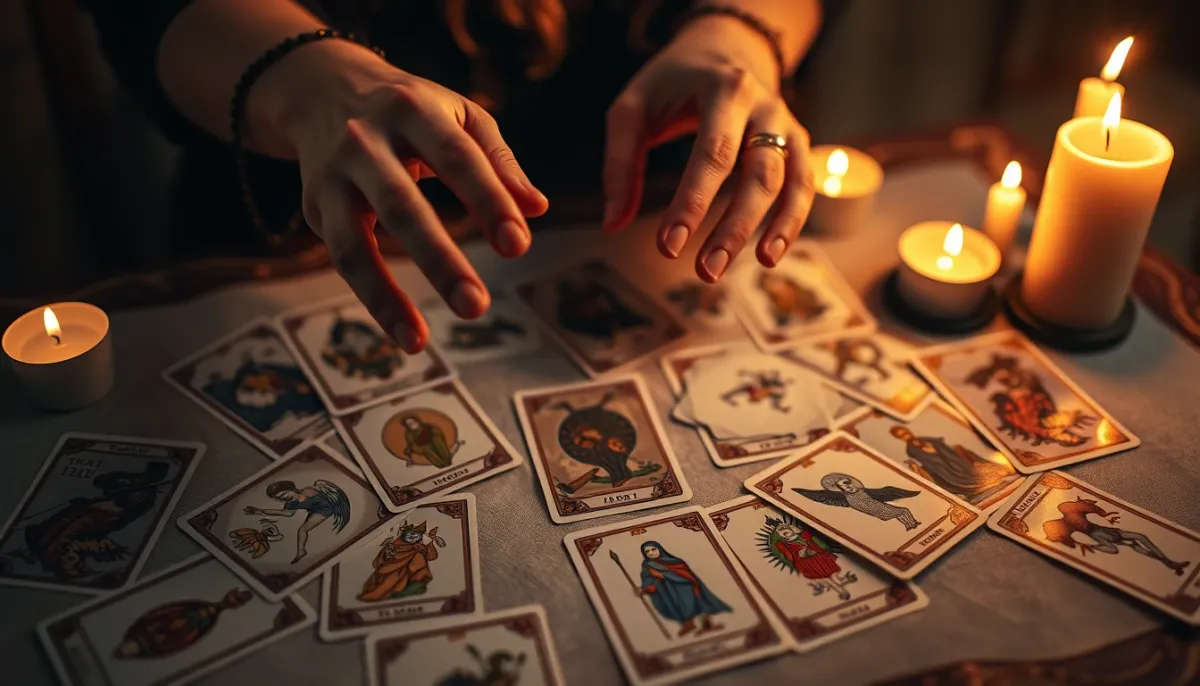 Mains au-dessus de cartes de tarot, symbolisant les facultés attribuées à une personne extralucide