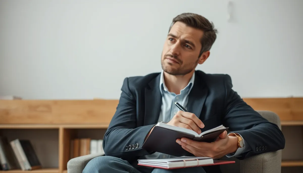 Personne réfléchissant avec un carnet, illustrant les questions fréquentes sur les extralucides