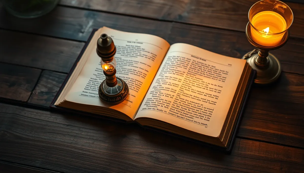 Livre ancien ouvert et lampe à huile sur une table en bois, symbolisant les traditions spirituelles