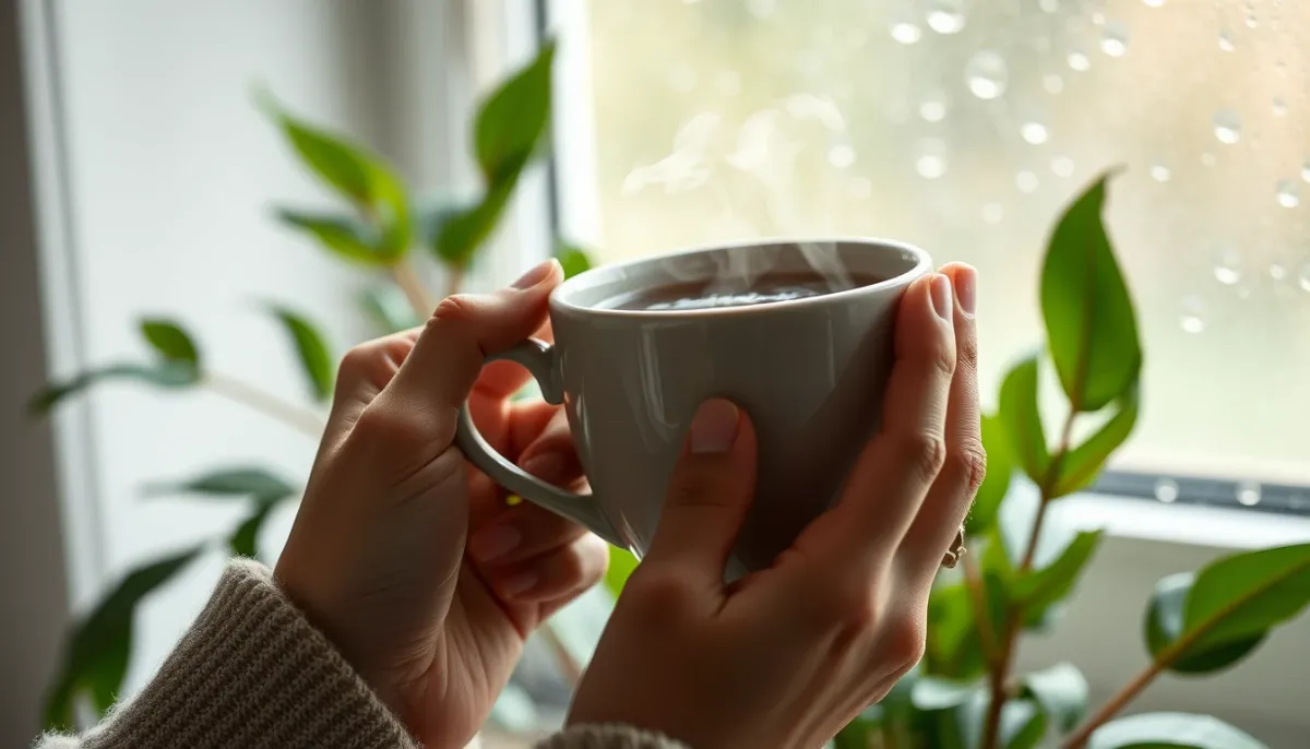 Mains tenant une tasse de thé près d'une fenêtre, évoquant l'accueil et l'interprétation d'un rêve