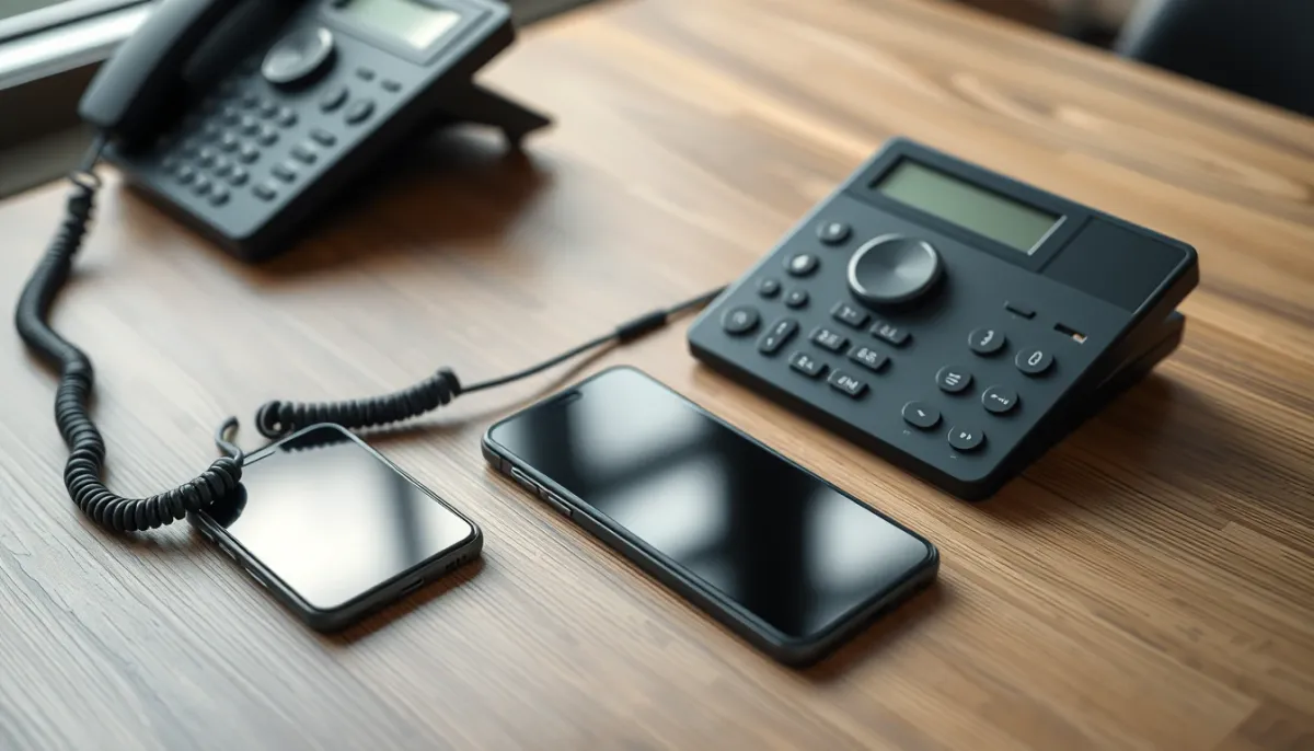 Téléphone et smartphone sur une table, symbolisant les consultations à distance