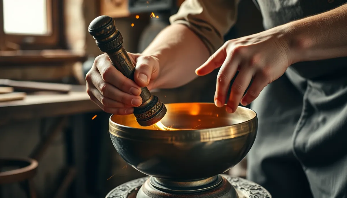 Artisan martelant un bol chantant en métal chauffé dans un atelier