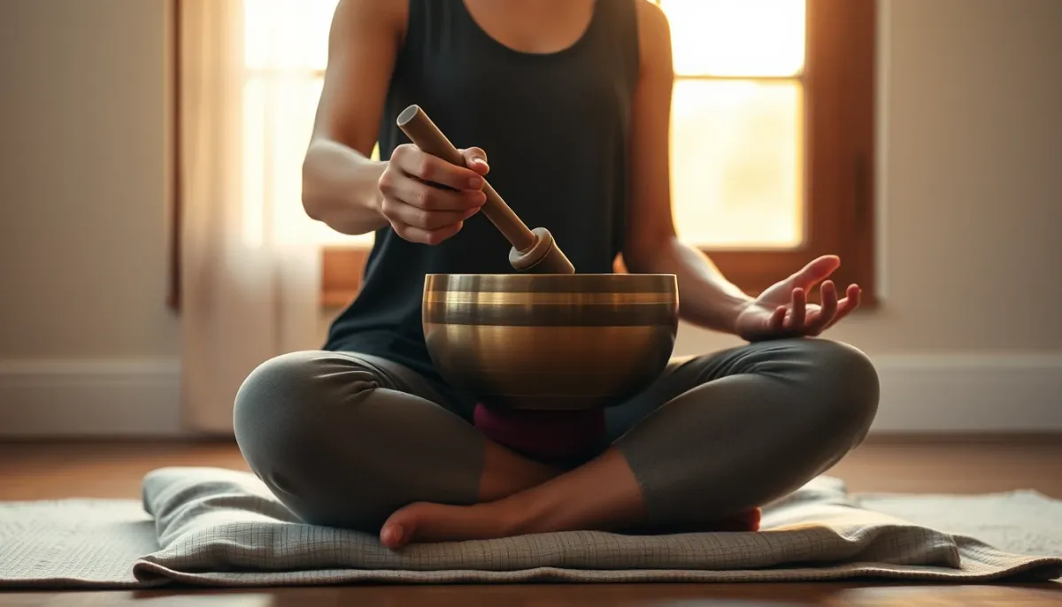 Personne méditant avec un bol chantant dans une ambiance paisible