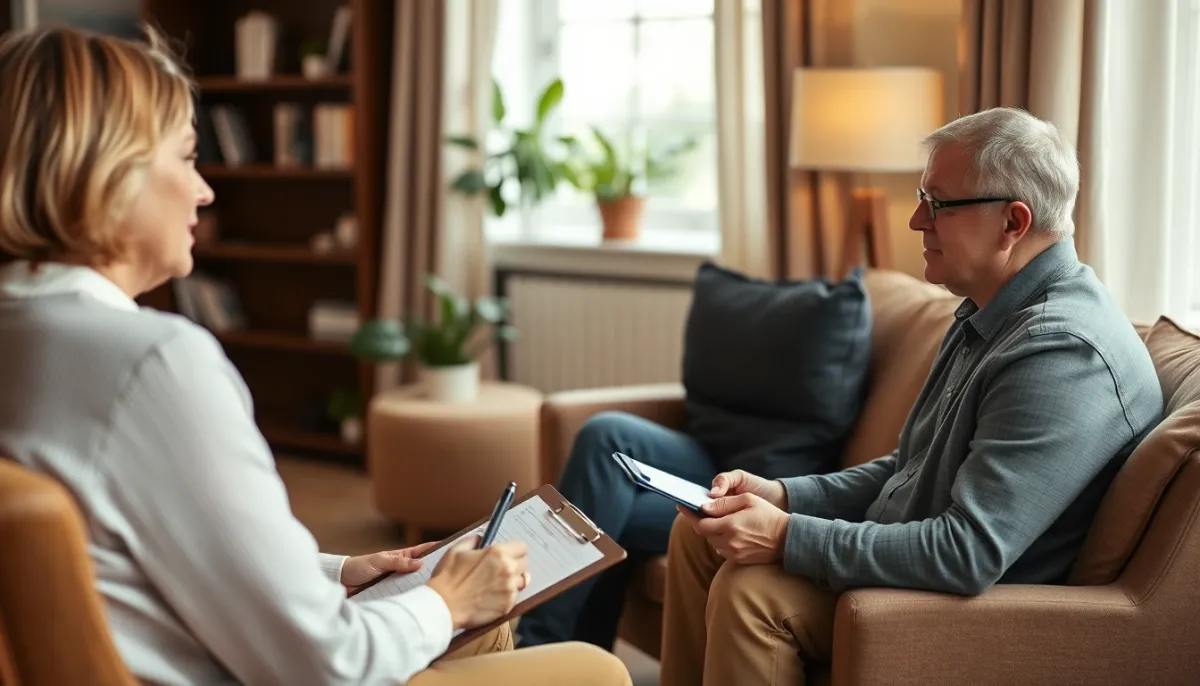 Scène de consultation bienveillante entre un praticien et un patient, conseils pratiques avant une séance