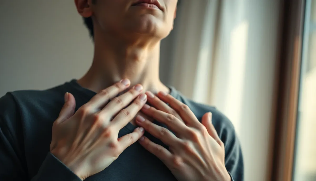 Personne les mains sur la poitrine, respirant profondément, symbolisant l'écoute des signaux du corps