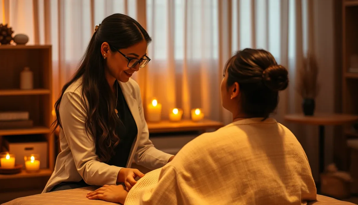 Praticien guidant une séance de relaxation avec un client dans un cadre apaisant