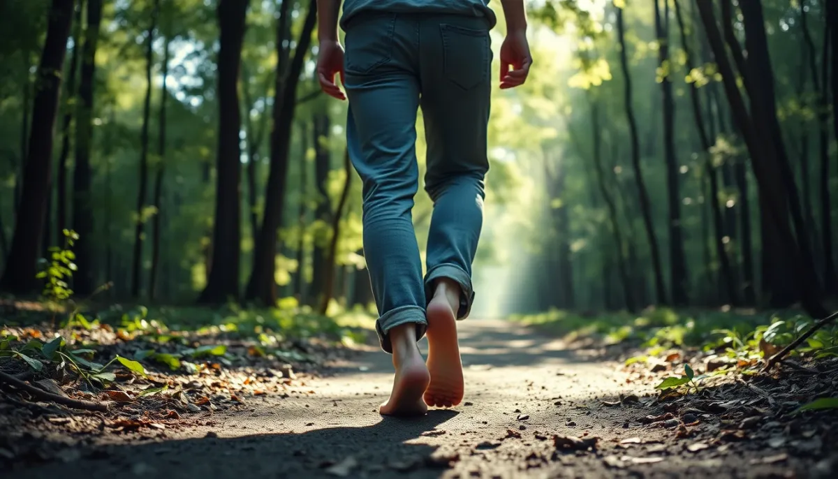 Personne marchant pieds nus sur un sentier forestier, en reconnexion avec la nature