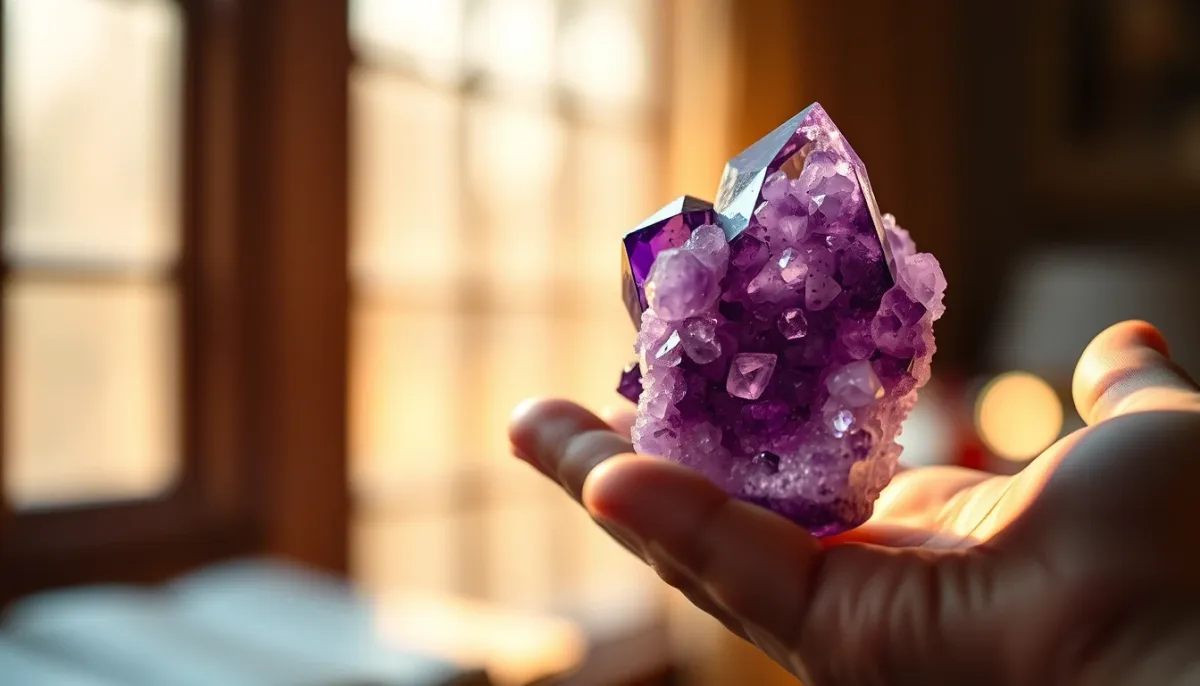 Gros plan d'un cristal d'améthyste tenu dans une main ouverte, éclairé par une lumière naturelle douce