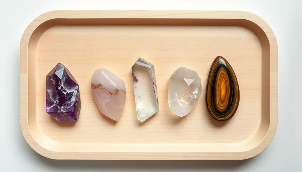 Cinq pierres roulées alignées sur un plateau en bois clair : améthyste, quartz rose, cristal de roche, labradorite et œil de tigre
