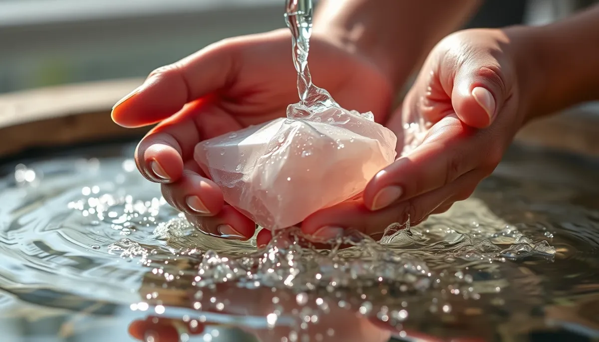 Mains nettoyant délicatement une pierre de quartz rose sous un filet d'eau, avec des gouttelettes visibles