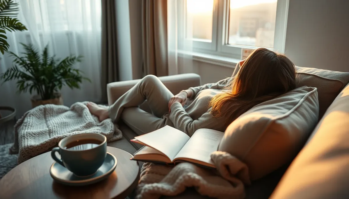 Personne se reposant après une séance de soin énergétique, détendue sur un canapé avec une tisane