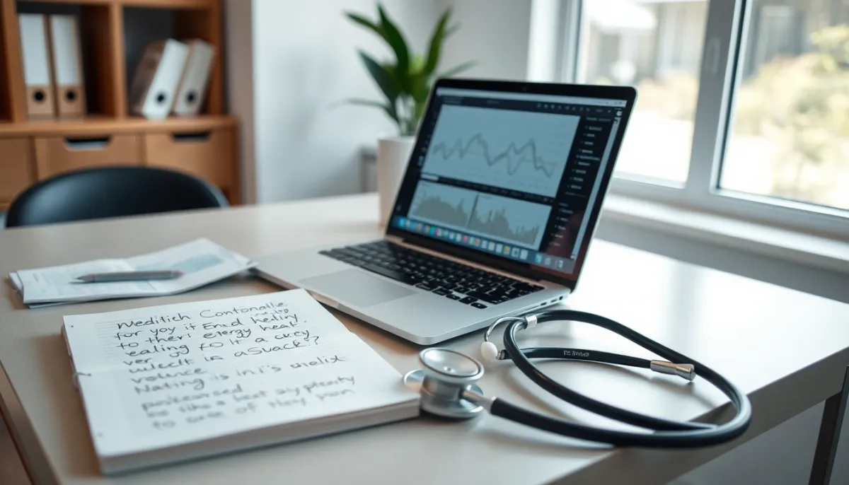 Espace de recherche avec ordinateur, notes et stéthoscope évoquant l'étude des effets de la méditation et du soin énergétique