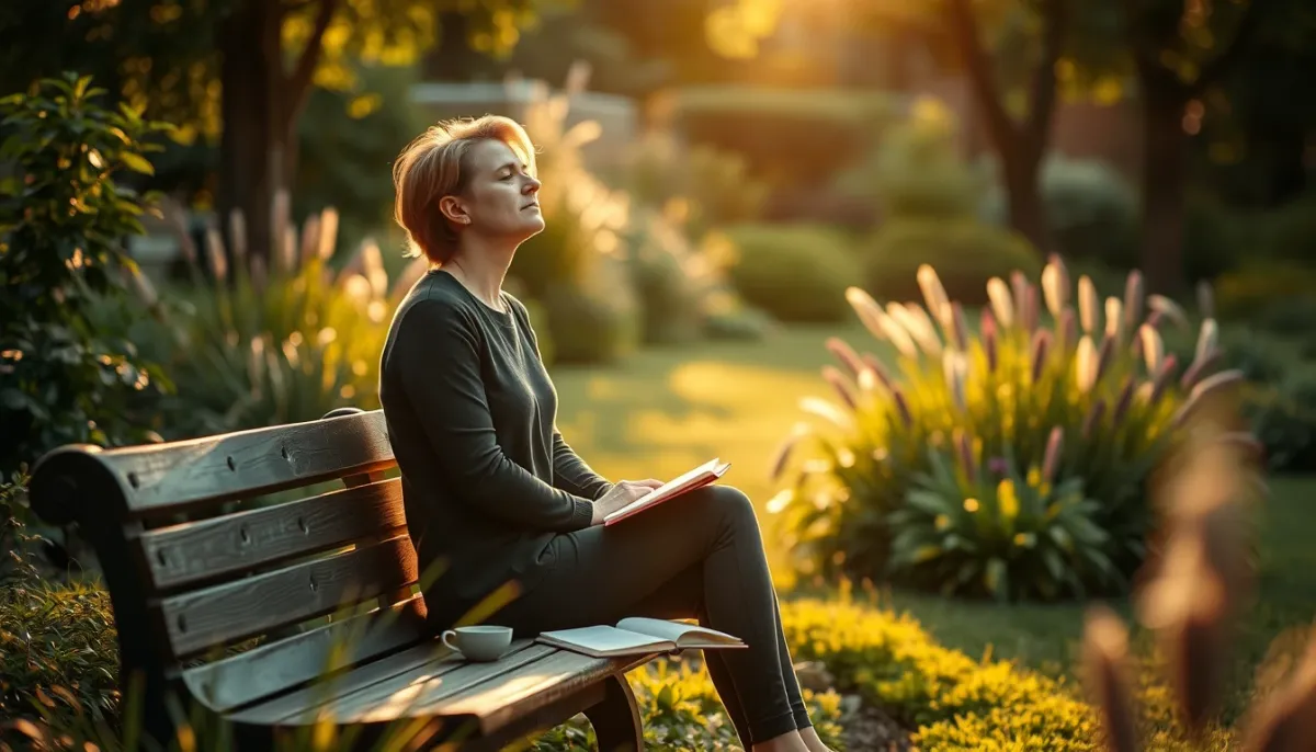 Personne assise dans un jardin à l'heure dorée, les yeux fermés, dans une attitude méditative