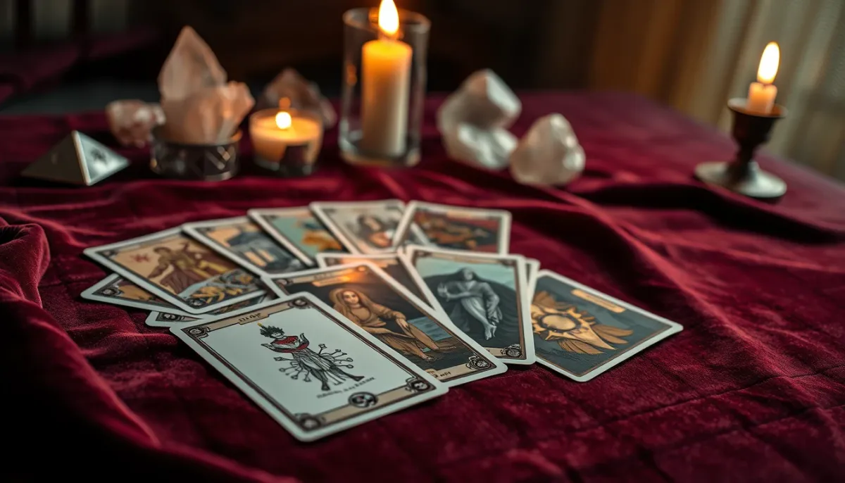 Tirage de tarot pour une consultation de voyance amour, cartes disposées sur un tissu
