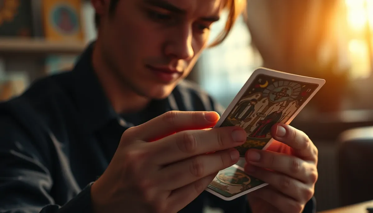 Personne réfléchissant à une carte de tarot lors d'une consultation de voyance amour