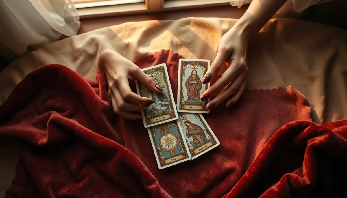 Mains tenant des cartes de tarot au-dessus d'un tissu en velours lors d'un tirage