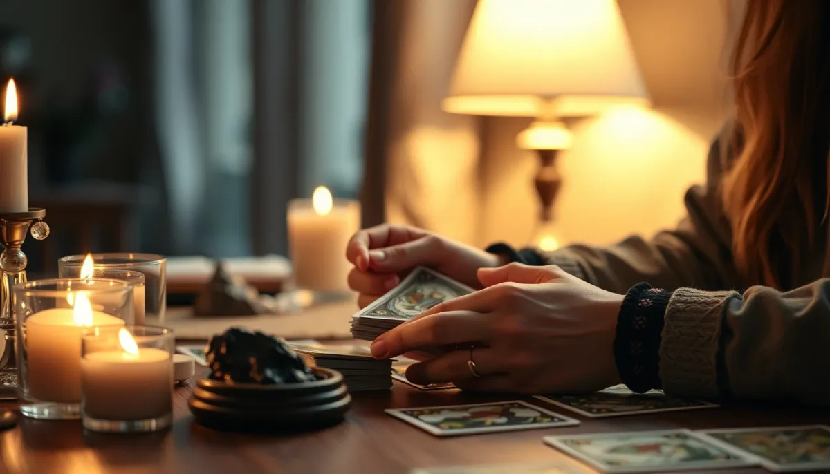 Séance de voyance avec tirage de cartes de tarot sur une table en bois