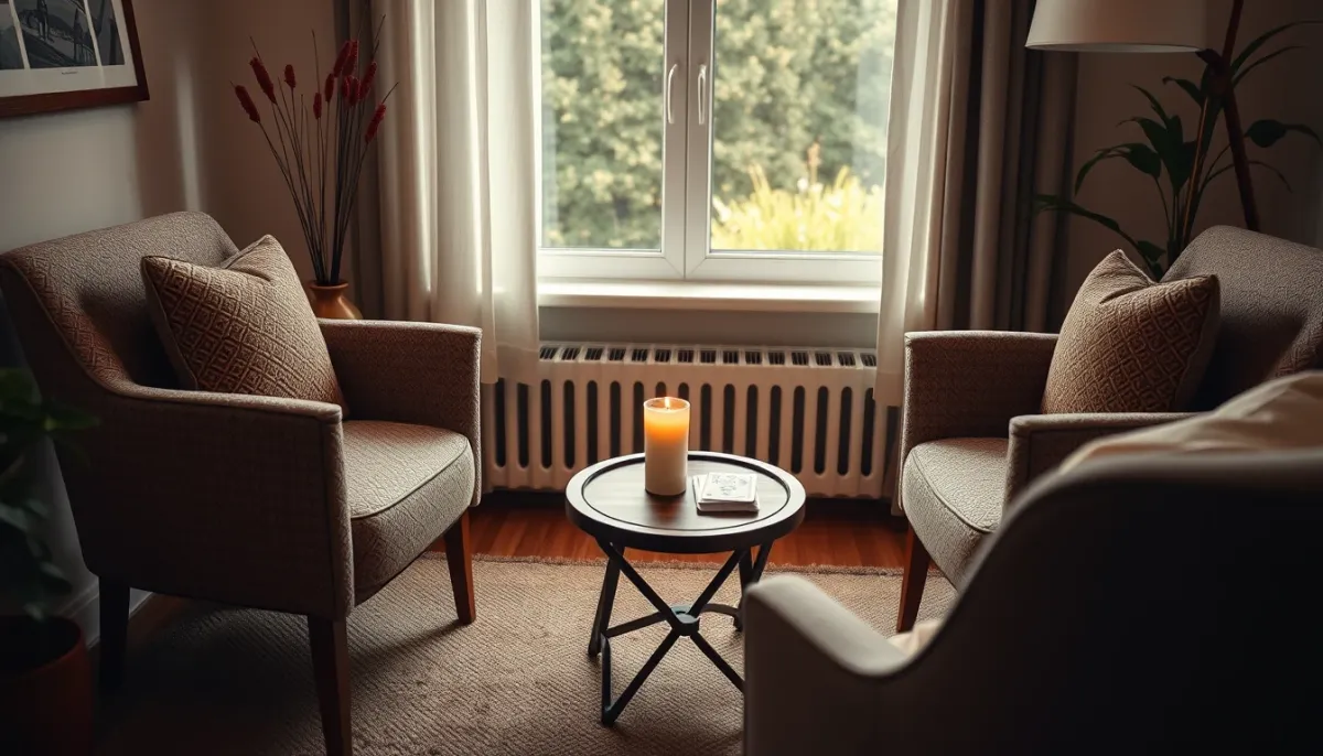 Salle de consultation chaleureuse avec deux chaises, un jeu de cartes et une bougie allumée