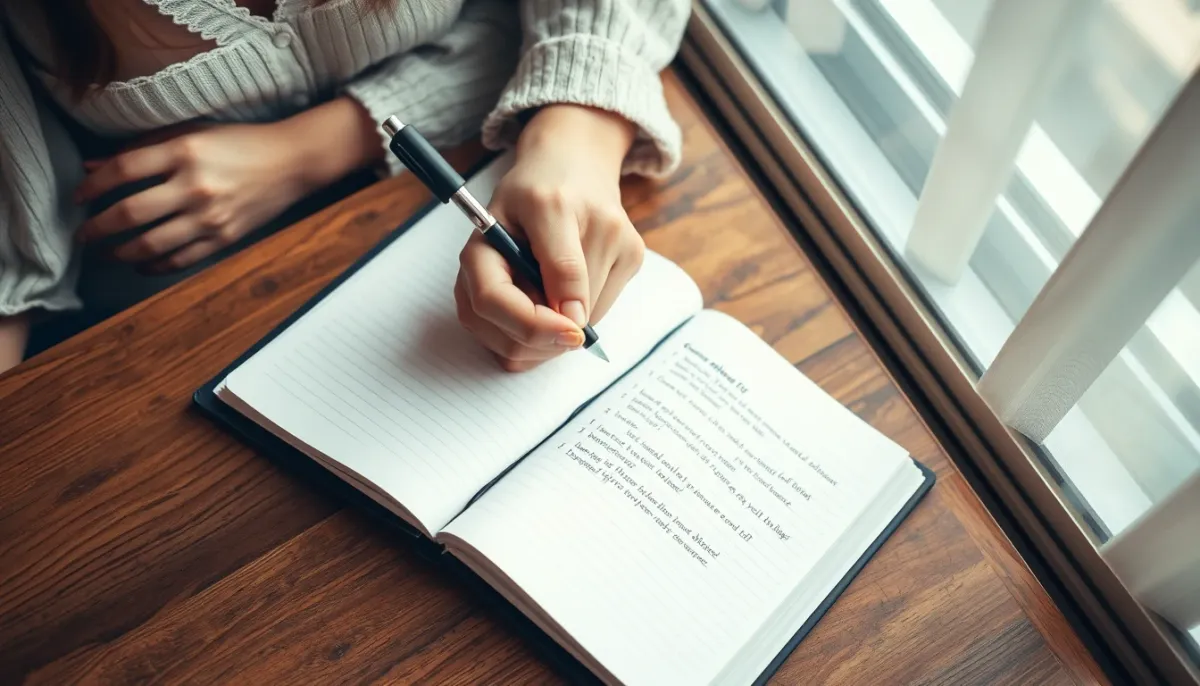 Mains d'une femme écrivant des questions dans un carnet sur un bureau en bois