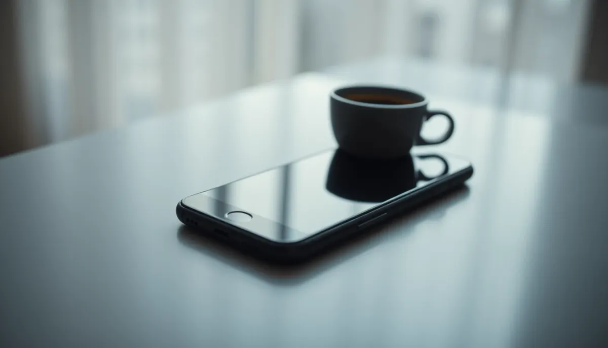 Smartphone posé sur une table à côté d'une tasse de café, écran éteint reflétant une fenêtre