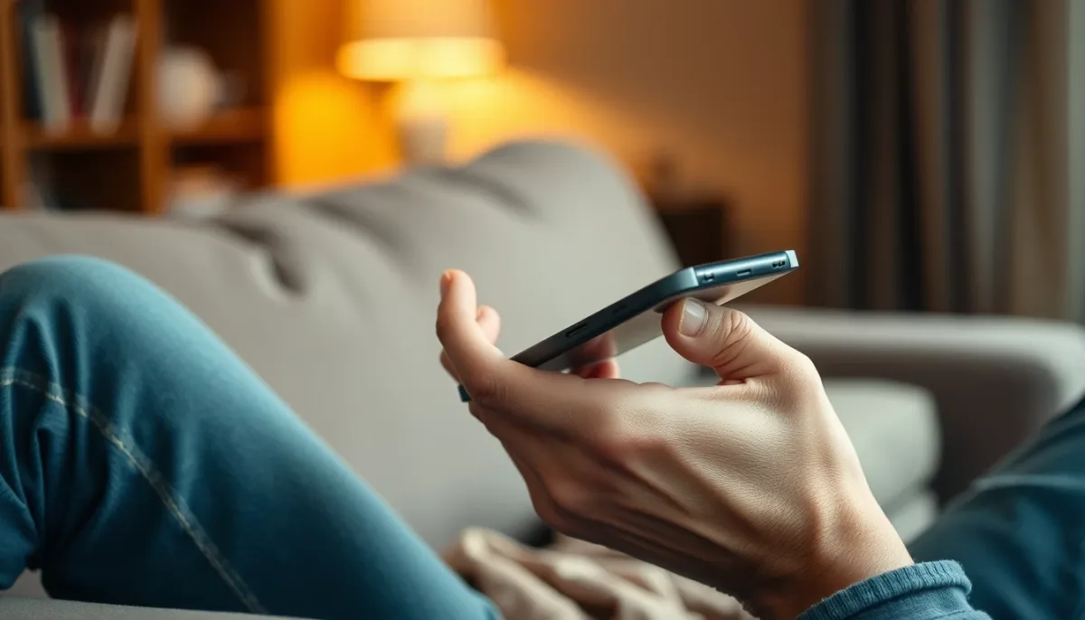 Main tenant un smartphone sur un canapé, pouce prêt à appeler, symbolisant le choix d'une consultation