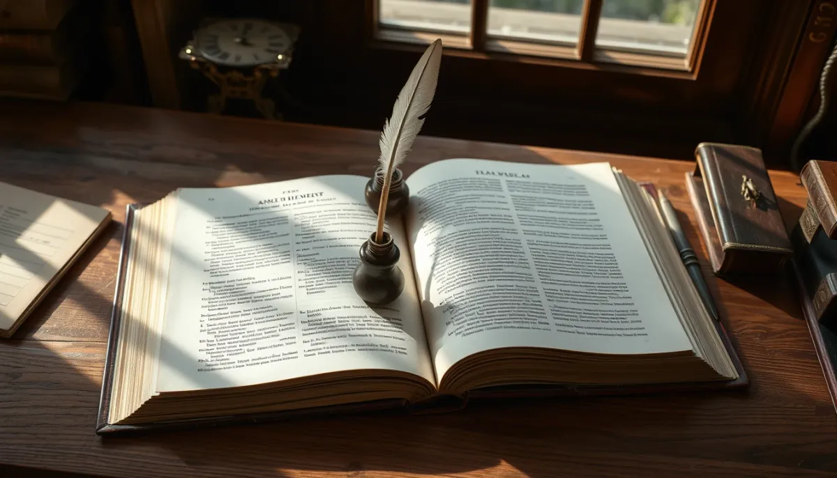 Livre ancien ouvert avec une plume et un encrier sur un bureau en bois, évoquant les racines historiques et philosophiques de l'âme sœur
