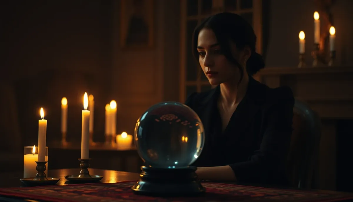 Personne assise dans une pièce tamisée avec une boule de cristal sur une table, illustrant une consultation de voyance