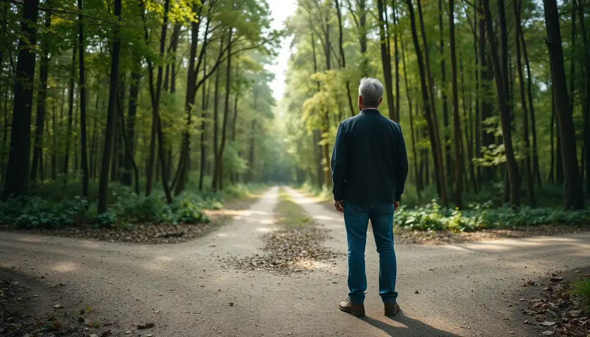 Personne debout à un carrefour en forêt, symbolisant le discernement et les choix de vie