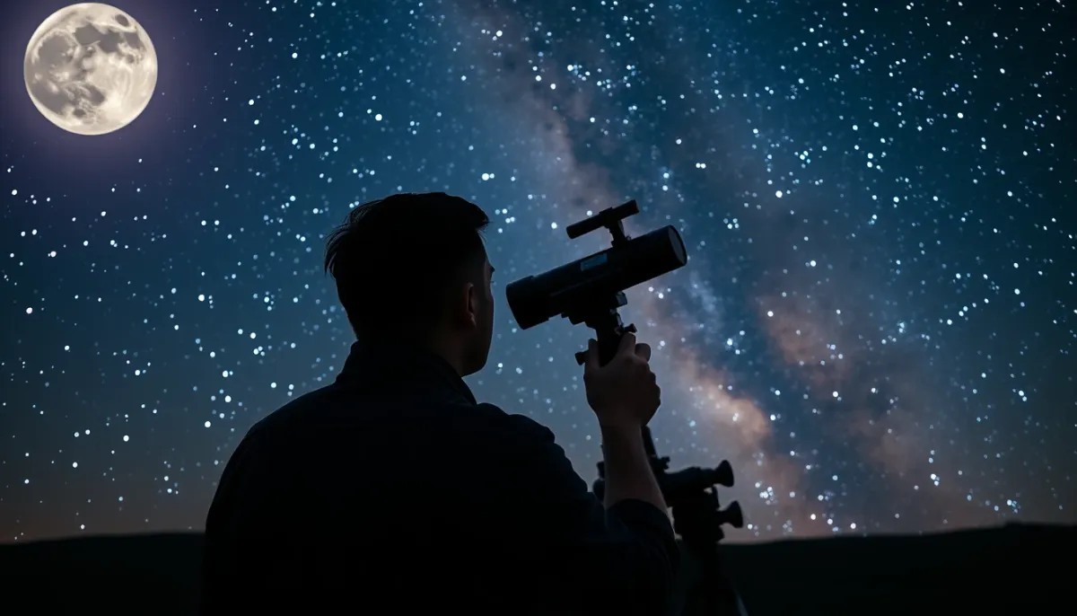 Personne observant un ciel étoilé avec un télescope, évoquant l'émerveillement et le sens critique