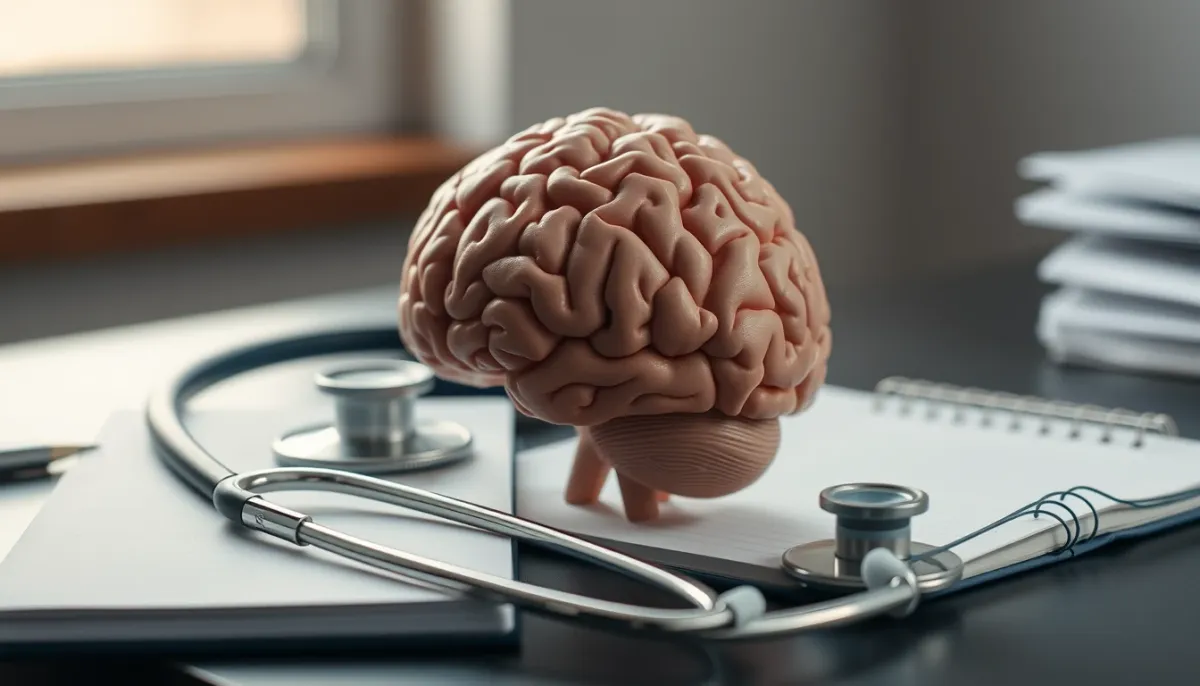 Modèle de cerveau et stéthoscope sur un bureau, illustrant les mécanismes cérébraux de la douleur émotionnelle