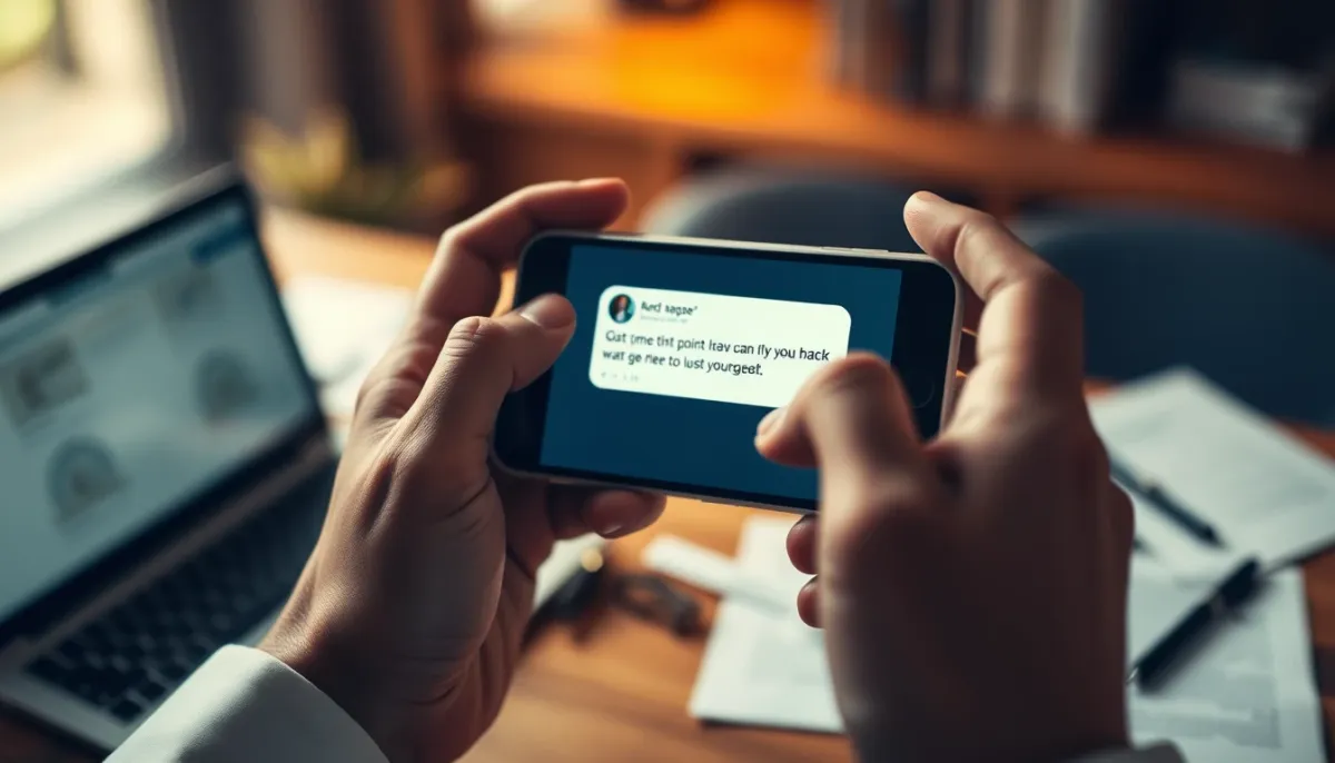 Mains tenant un smartphone affichant un message suspect, symbolisant les arnaques au retour affectif