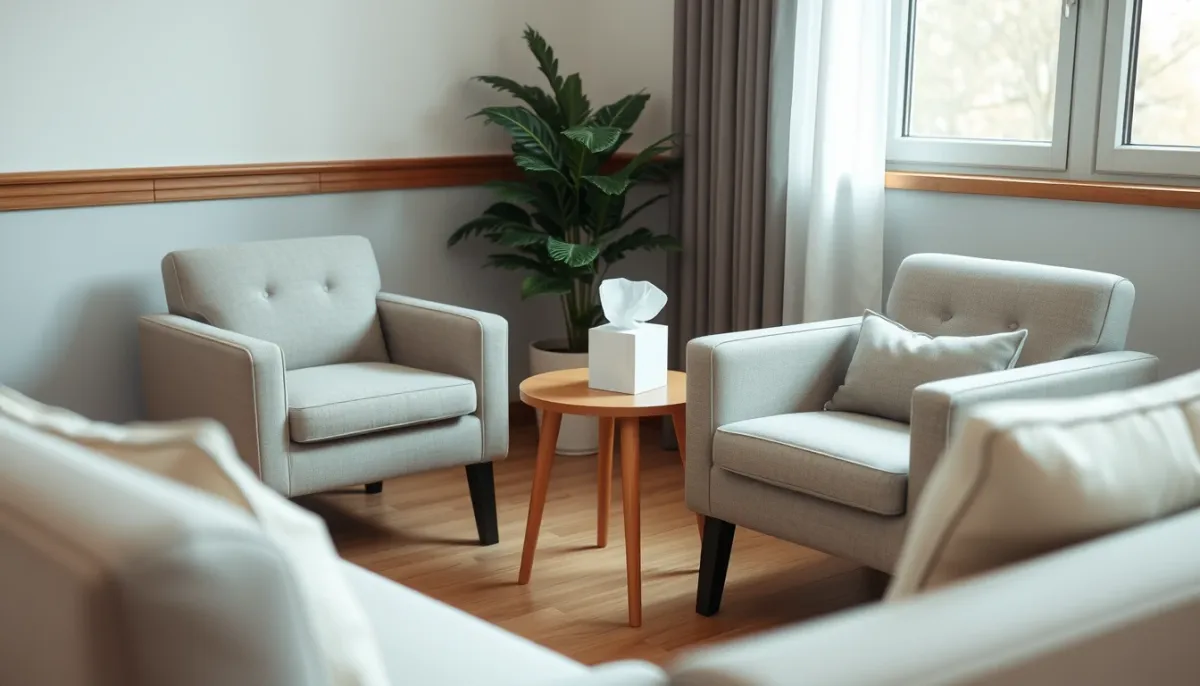 Espace de consultation chaleureux avec deux fauteuils, illustrant un accompagnement sérieux et bienveillant