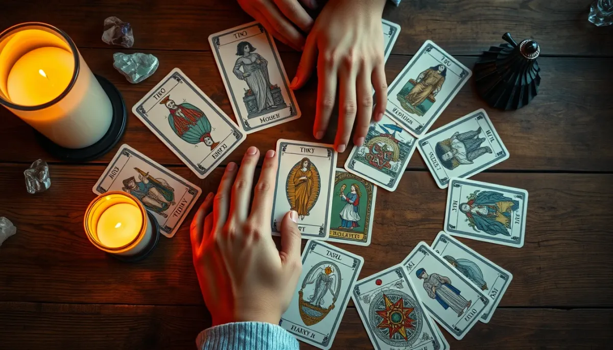 Séance de voyance avec des cartes de tarot sur une table en bois, éclairée par des bougies