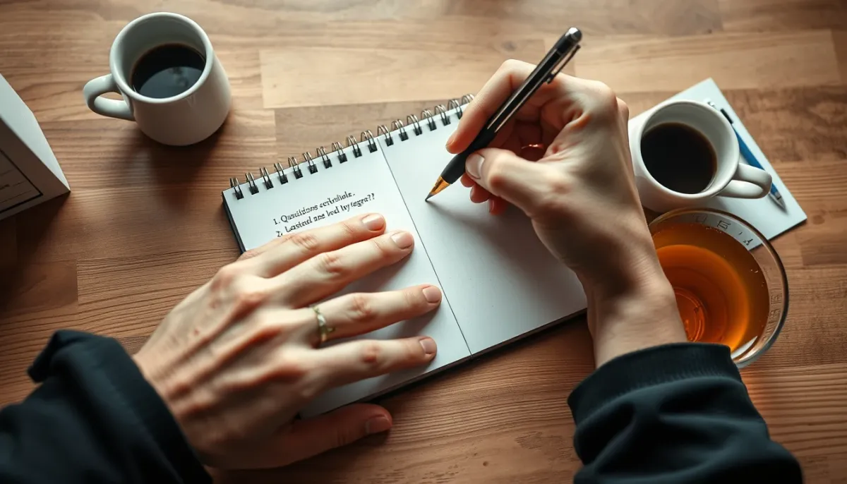Gros plan sur des mains écrivant des questions sur un carnet avant de réserver une séance de régression dans les vies antérieures