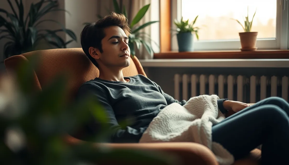 Personne assise dans un fauteuil, les yeux fermés, dans une ambiance calme et introspective pendant une séance de régression