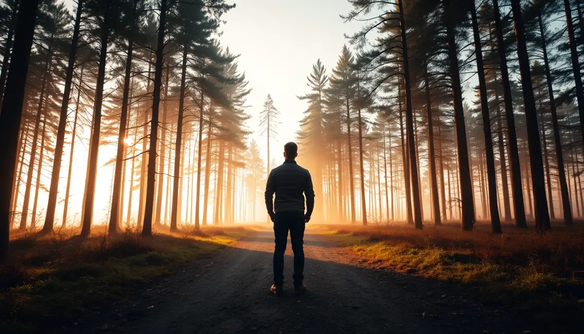 Personne debout à un carrefour en forêt, symbolisant les signaux d'alerte et le discernement face à une régression dans les vies antérieures