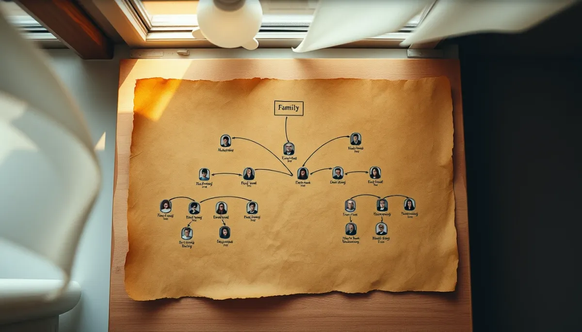 Arbre généalogique dessiné sur du papier ancien avec des lignes de connexion et des portraits, illustrant la transmission des histoires familiales