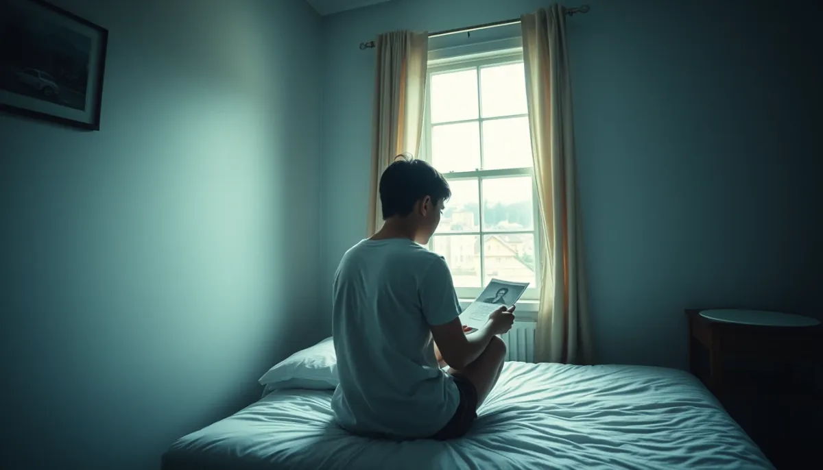 Personne assise seule sur un lit dans une chambre éclairée doucement, regardant une vieille photographie, symbolisant les signes d'un héritage transgénérationnel