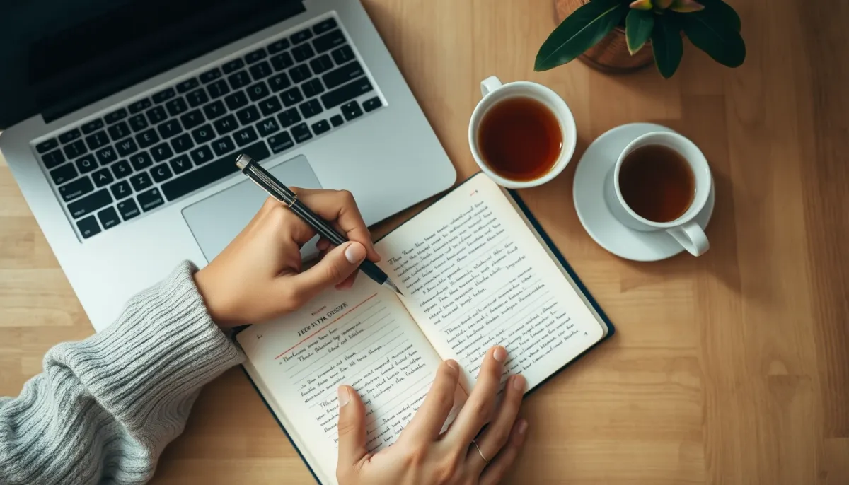 Mains écrivant dans un journal intime à côté d'un ordinateur portable et d'une tasse de thé, illustrant l'exploration pratique de son histoire familiale
