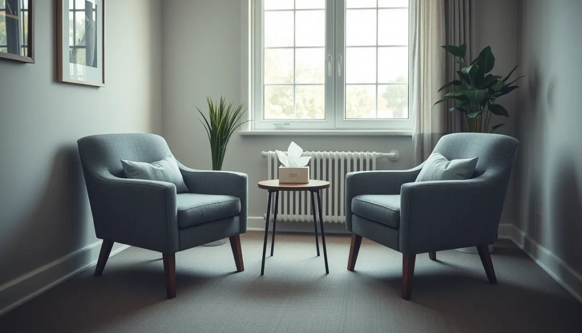 Cabinet de thérapie avec deux fauteuils confortables face à face et une table avec des mouchoirs, évoquant les précautions à prendre avec un professionnel